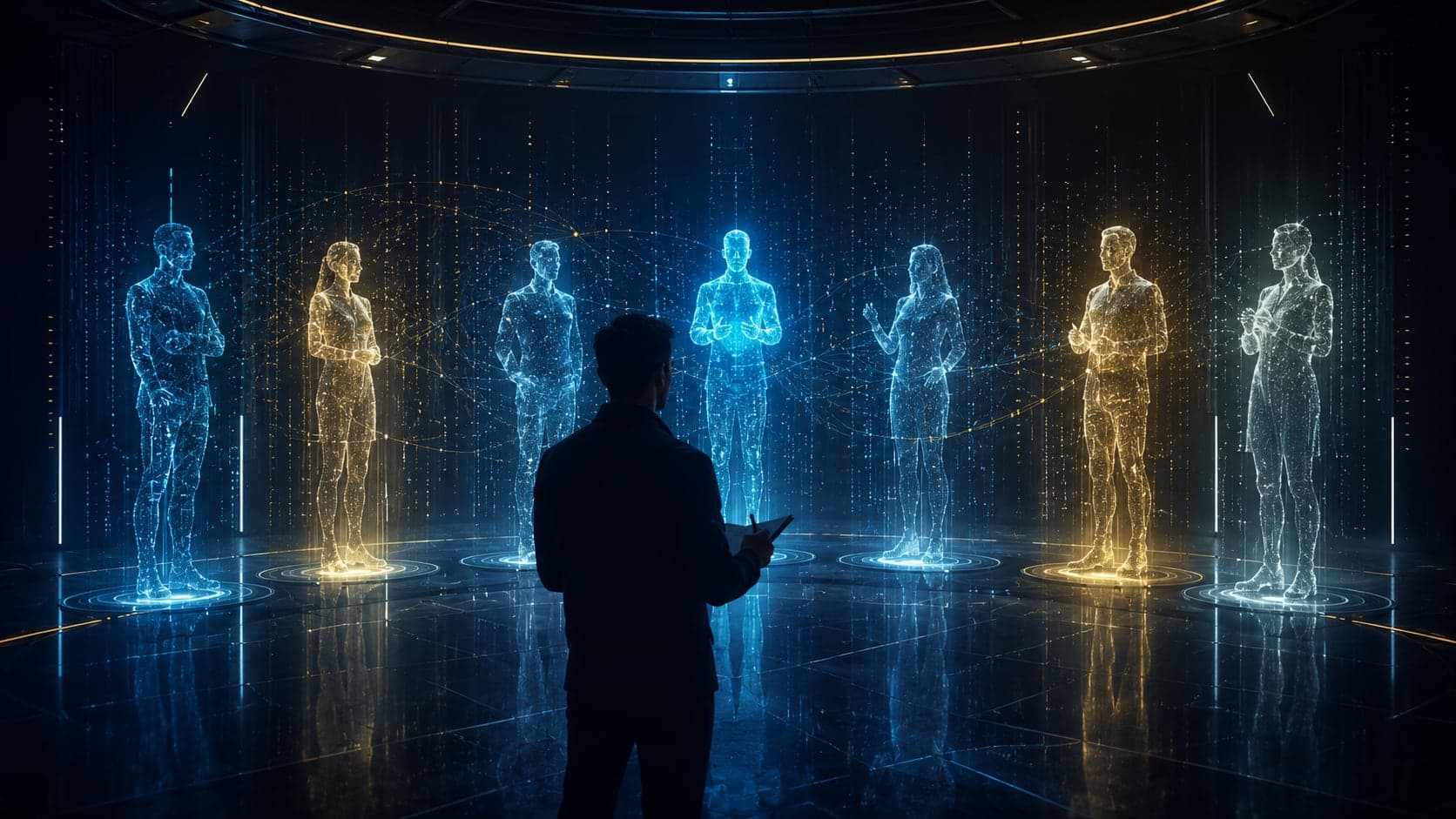 Un auditeur de dos, en silhouette sombre, carnet à la main, face à sept interlocuteurs représentés en hologrammes lumineux disposés en demi-cercle