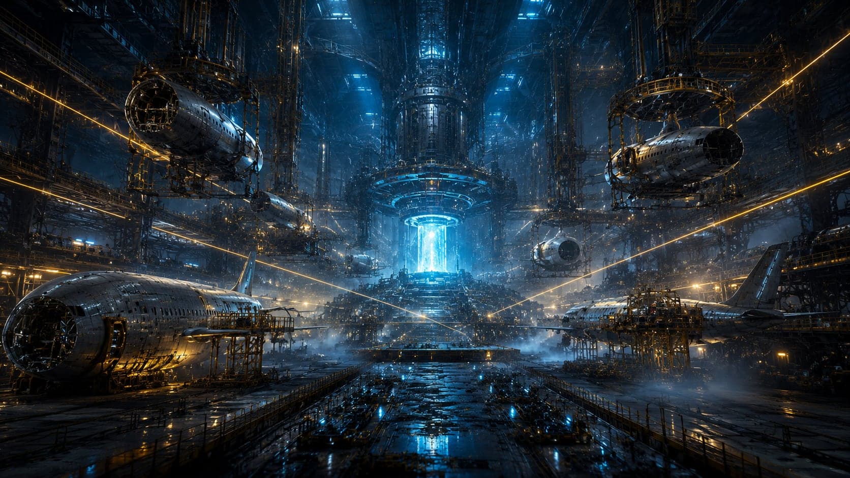 Vue de l’intérieur du site industriel fictif Nucleo Dynamics : hall d’assemblage monumental, fuselages suspendus à des berceaux, réacteur central diffusant un halo cyan, filins de lumière dorée en diagonale